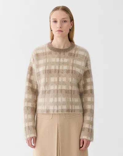 Lafayette 148 Glen Plaid Brushed Cashmere Crewneck Sweater In Brown