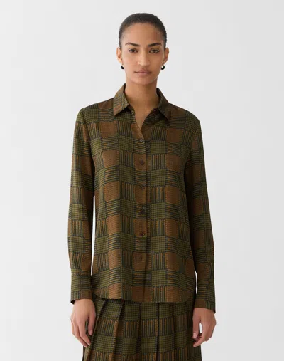 Lafayette 148 Glen Plaid Print Silk Button Front Blouse In Forest Multi