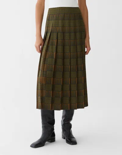 Lafayette 148 Glen Plaid Print Silk Pleated Midi Skirt In Forest Multi
