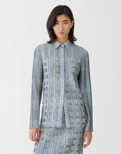 Lafayette 148 Glen Plaid Print Twill Plisse Blouse In Gray