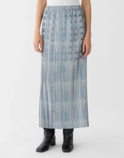 Lafayette 148 Glen Plaid Print Twill Plisse Midi Skirt In Blue
