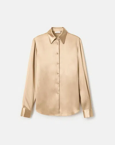 Lafayette 148 Glossy Satin Tailored Button Front Shirt In Brown