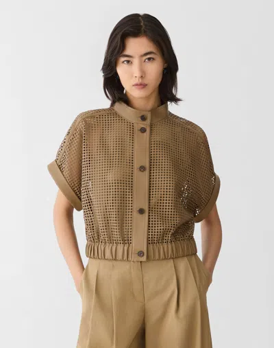 Lafayette 148 Grid Cutout Nappa Leather Short Sleeve Jacket In Brown