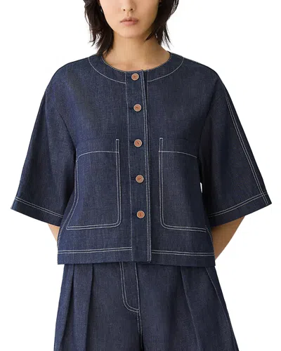 Lafayette 148 Chambray Cotton Patch Pocket Cropped Jacket In Blue