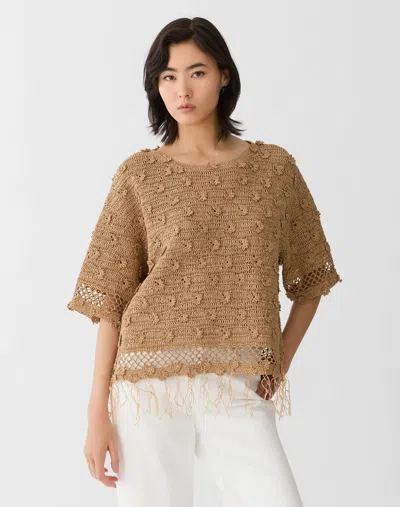 Lafayette 148 Hand Crocheted Paper Ribbon Floral Sweater In Brown