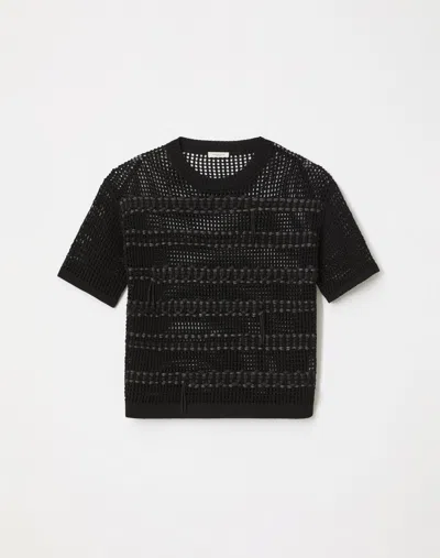 Lafayette 148 Hand-embroidered Fine Cotton Rope Crewneck Sweater In Black
