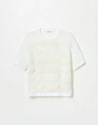 Lafayette 148 Hand-embroidered Fine Cotton Rope Crewneck Sweater In White