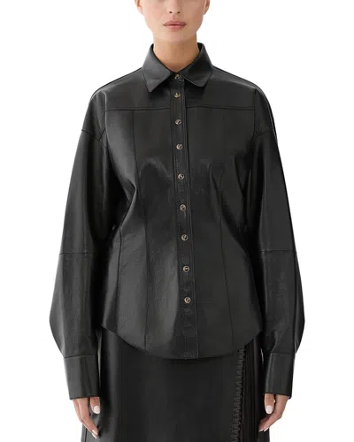 Lafayette 148 Horn Snap Button Lambskin Leather Blouse In Black