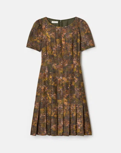 Lafayette 148 Impression Print Silk Wool Hand Pleated Dress In Brown
