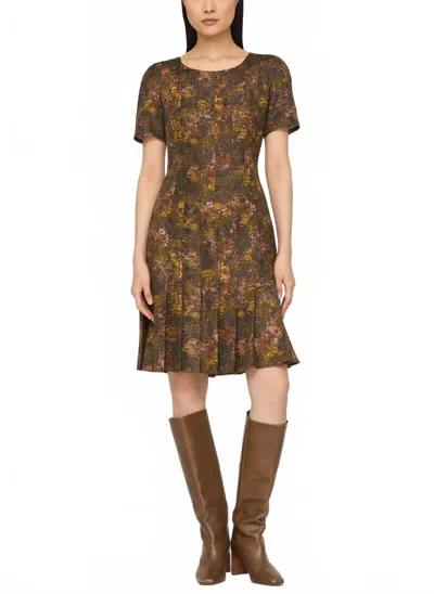 Lafayette 148 Impression Print Silk-wool Hand Pleated Short Sleeve Dress In Brown Multi