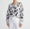 LAFAYETTE 148 IRIDESCENT PAINT SPLATTER JACQUARD V-NECK SWEATER IN CREME MULTI