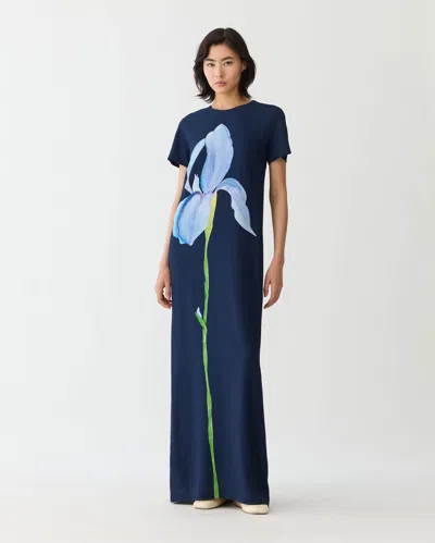 Lafayette 148 Iris Print Cady Short Sleeve Gown In Blue