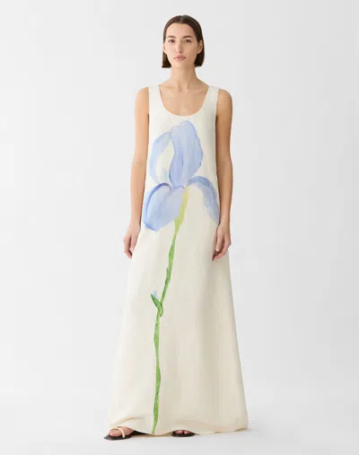 Lafayette 148 Iris Print Silk Linen V-neck Sleeveless Gown In White