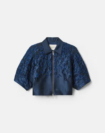 Lafayette 148 Jacquard Zip Front Cropped Short Jacket In Lido Blue