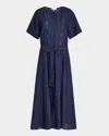 Lafayette 148 Lace-inset Pintuck Linen Midi Shirtdress In Delft Melange