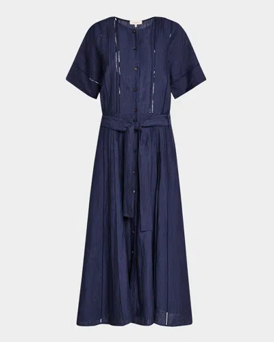 Lafayette 148 Lace-inset Pintuck Linen Midi Shirtdress In Delft Melange