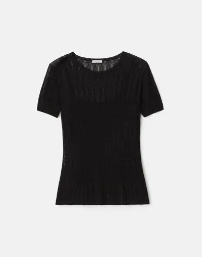 Lafayette 148 Lace Stitch Short Sleeve Crewneck Sweater In Black