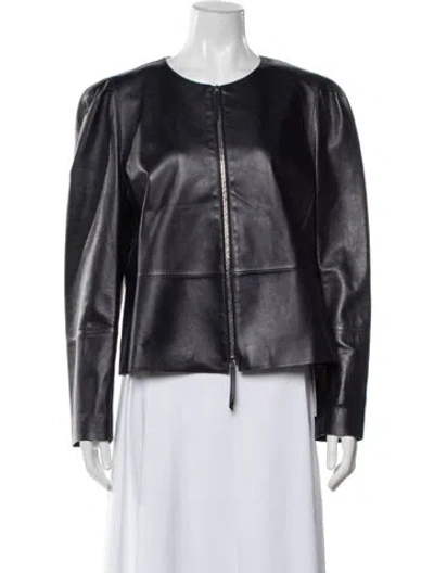 Pre-owned Lafayette 148 Lambskin Biker Jacket In Grey