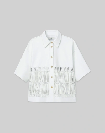 Lafayette 148 Lambskin Leather Hand Basketweave Fringed Shirt Jacket In White