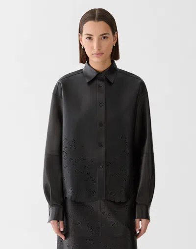 Lafayette 148 Laser Cut Nappa Leather Shirt In Black