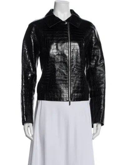 Pre-owned Lafayette 148 Leather Animal Print Jacket In Black