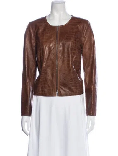 Pre-owned Lafayette 148 Leather Animal Print Jacket In Brown
