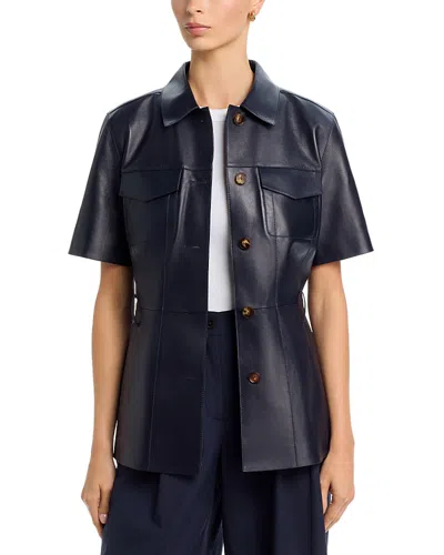 Lafayette 148 Leather Belted Patch Pocket Jacket In Blue