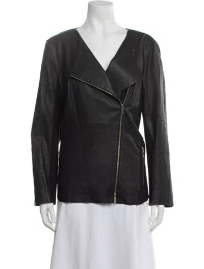 Pre-owned Lafayette 148 Leather Biker Jacket In Black/grey
