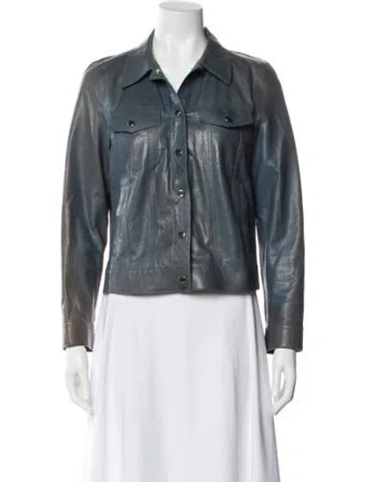 Pre-owned Lafayette 148 Leather Biker Jacket In Blue