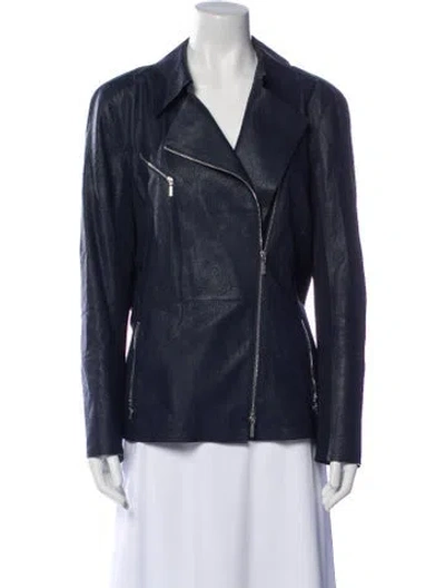 Pre-owned Lafayette 148 Leather Biker Jacket In Blue