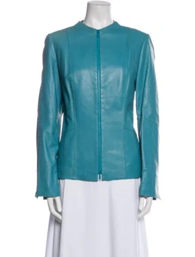 Pre-owned Lafayette 148 Leather Biker Jacket In Blue