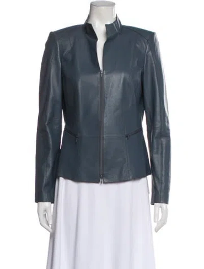 Pre-owned Lafayette 148 Leather Biker Jacket In Blue