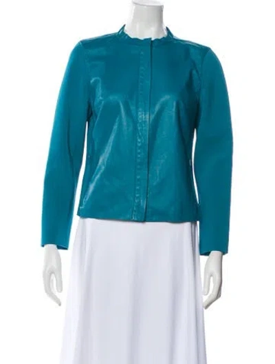 Pre-owned Lafayette 148 Leather Biker Jacket In Blue