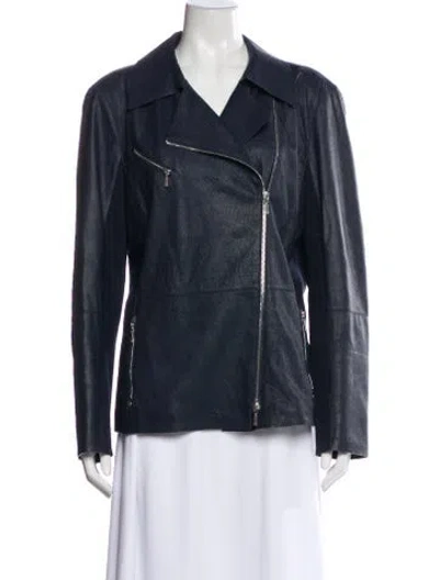 Pre-owned Lafayette 148 Leather Biker Jacket In Blue