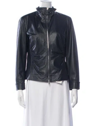 Pre-owned Lafayette 148 Leather Biker Jacket In Blue