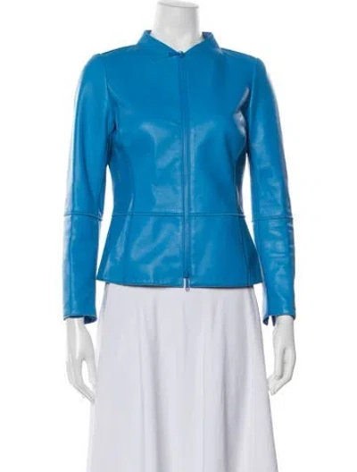 Pre-owned Lafayette 148 Leather Biker Jacket In Blue