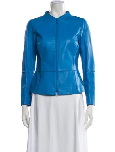 Pre-owned Lafayette 148 Leather Biker Jacket In Blue