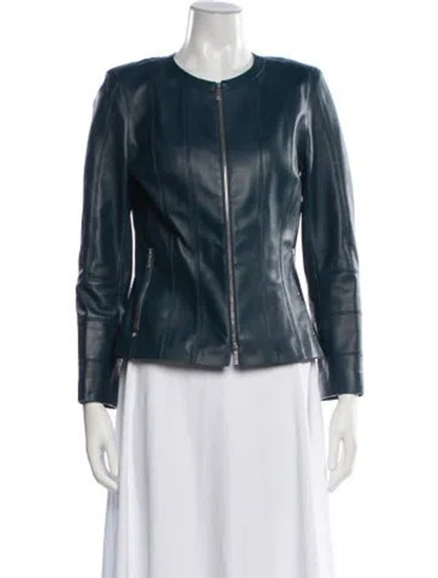 Pre-owned Lafayette 148 Leather Biker Jacket In Blue