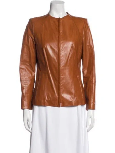 Pre-owned Lafayette 148 Leather Biker Jacket In Brown
