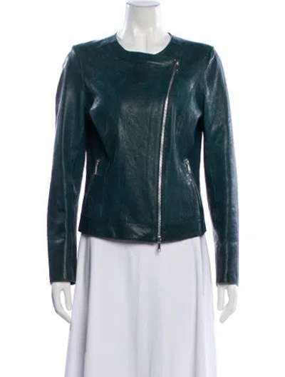 Pre-owned Lafayette 148 Leather Biker Jacket In Green