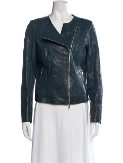 Pre-owned Lafayette 148 Leather Biker Jacket In Green