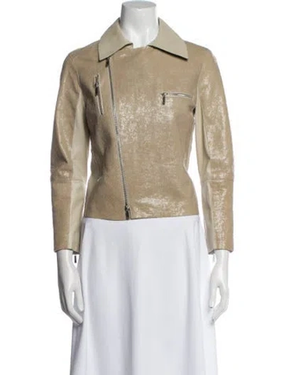 Pre-owned Lafayette 148 Leather Biker Jacket In Neutral