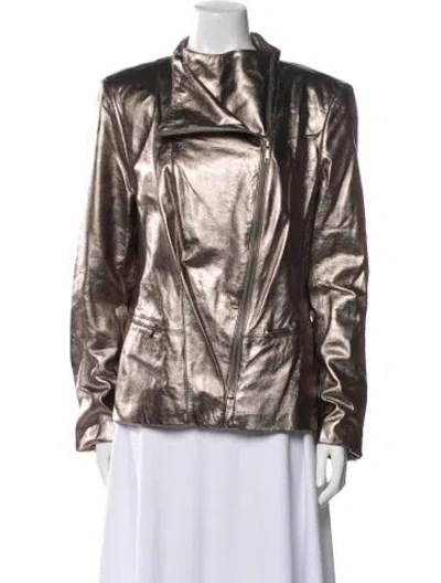 Pre-owned Lafayette 148 Leather Biker Jacket In Silver