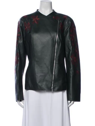 Pre-owned Lafayette 148 Leather Floral Print Biker Jacket In Green