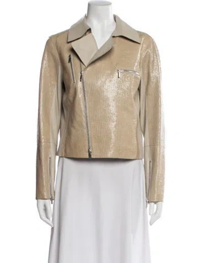 Pre-owned Lafayette 148 Leather Patterned Biker Jacket In Brown