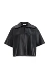 Lafayette 148 Nappa Lambskin Leather Split Collar Popover Shirt In Black