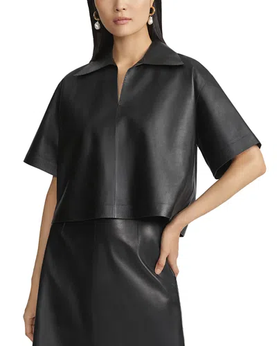 Lafayette 148 Leather Split Neck Popover Top In Black