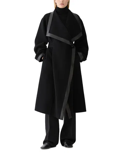 Lafayette 148 Leather Trim Cashmere Cascade Collar Coat In Black