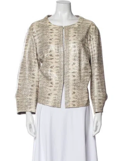 Pre-owned Lafayette 148 Leather Tweed Pattern Evening Jacket In Neutral
