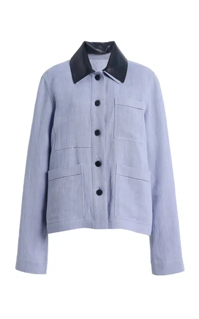 Lafayette 148 Leather-trimmed Linen-blend Jacket In Blue